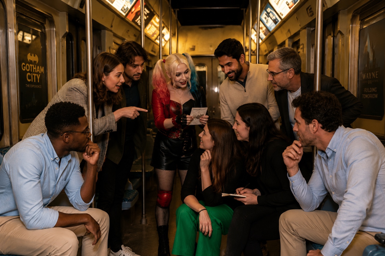 Comedienne Harley Quinn avec des joueurs chez Batman Escape